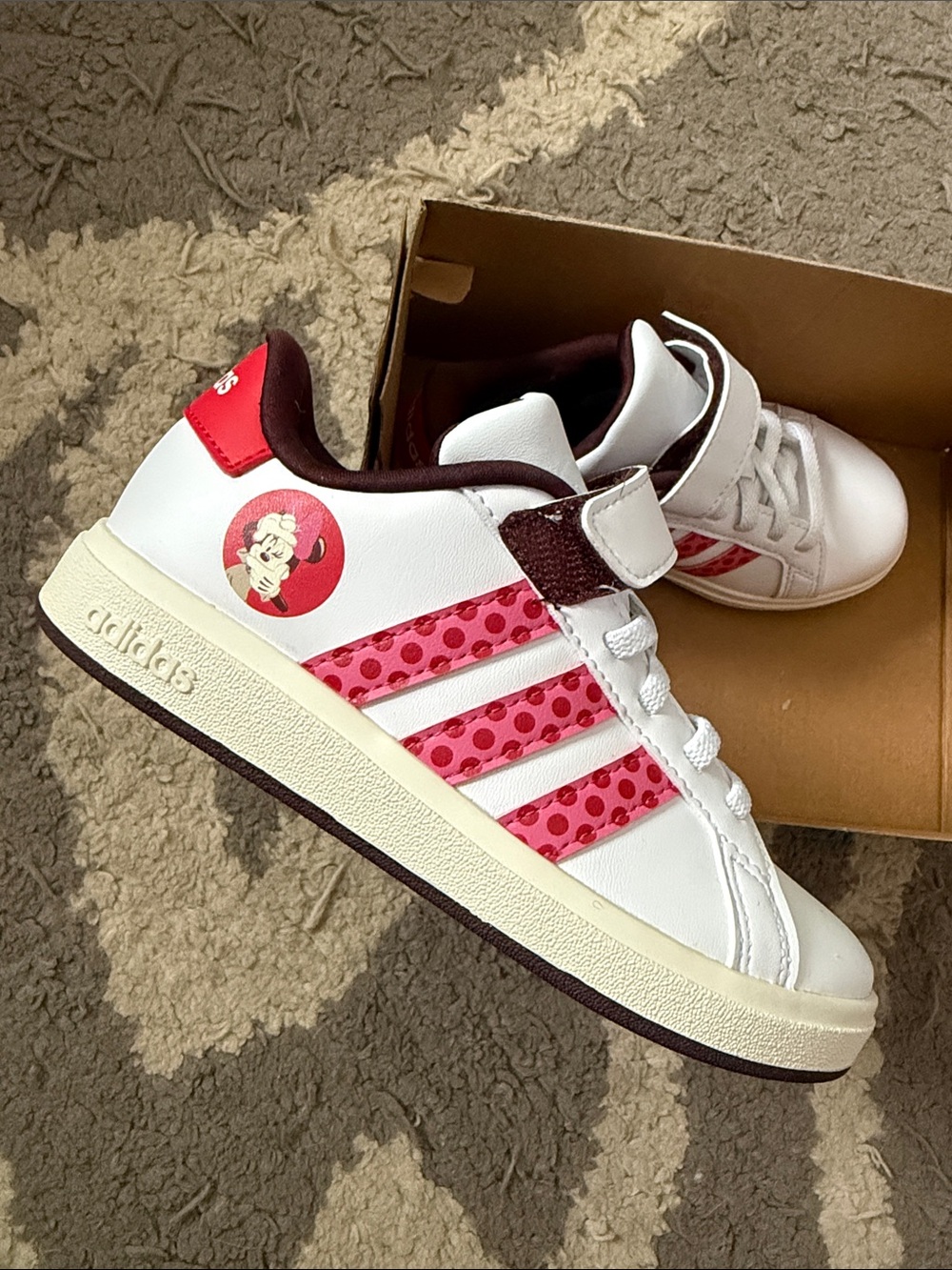 adidas Kids White Sneakers with Pink Polka-Stripe and Minnie Accent